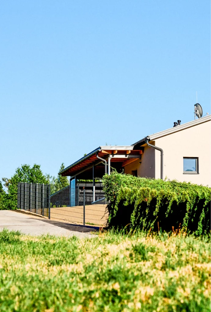 Einfahrt mit Zaun und Hecke neben dem Carport eines Einfamilienhauses.