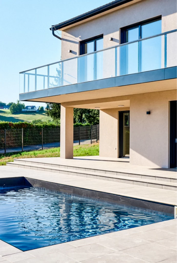 Moderne Hausfassade mit Glasbalkon, überdachter Terrasse und Swimmingpool.
